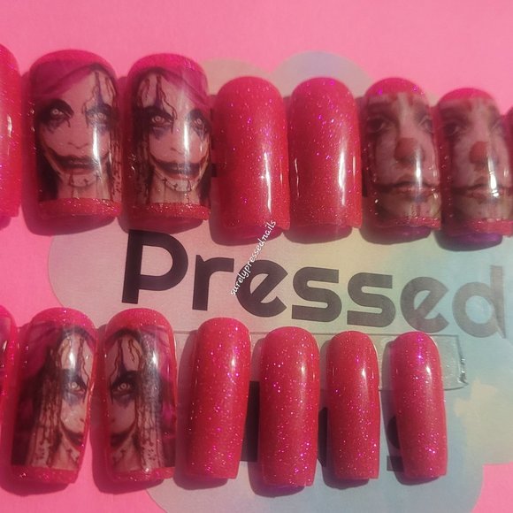 Shimmer Dark Pink Scary Clown Lady Square Press on Nails Halloween - Picture 1 of 3